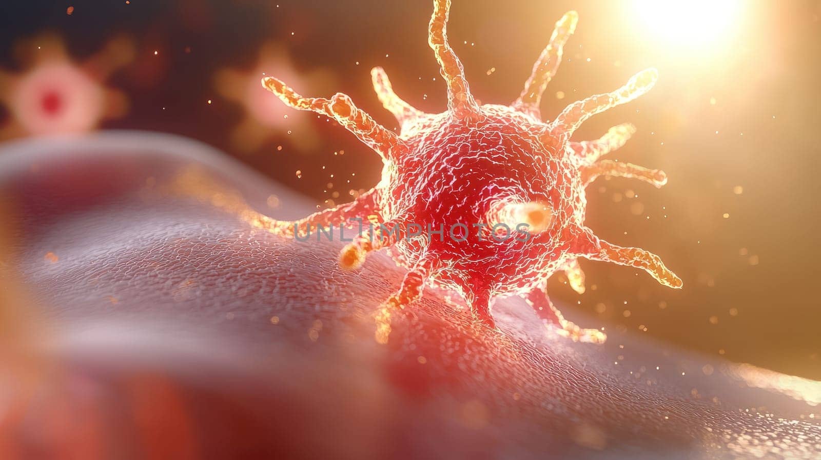 A detailed visualization of immune cell interacting with surface, showcasing vibrant colors and textures. image evokes sense of scientific