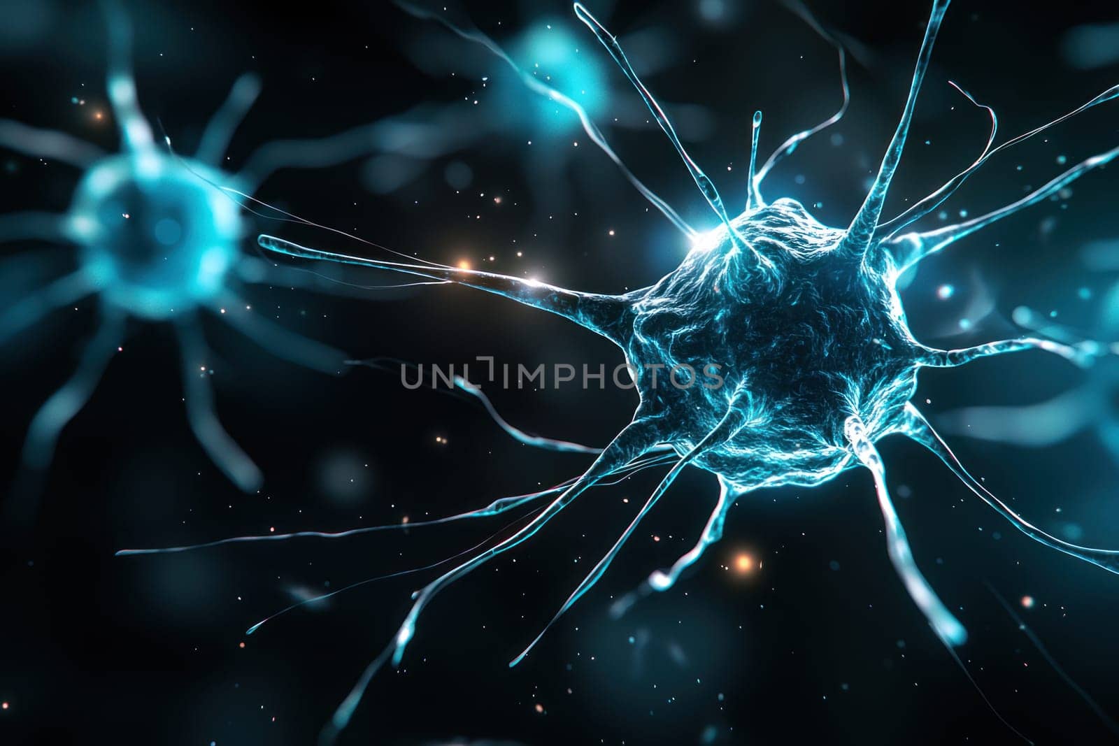An Immune cells illuminated in electric blue, showcasing intricate details and dynamic structures
