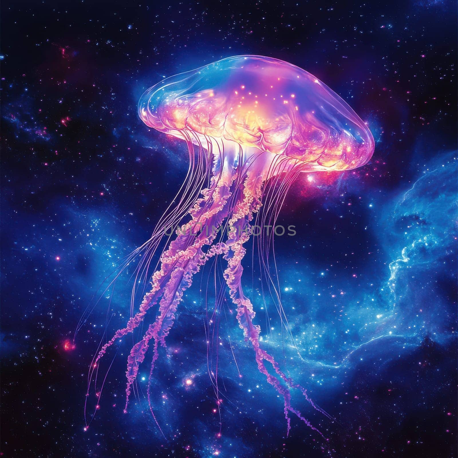 A stunning digital portrayal of a jellyfish in a cosmic setting exploring the beauty of marine life in space.