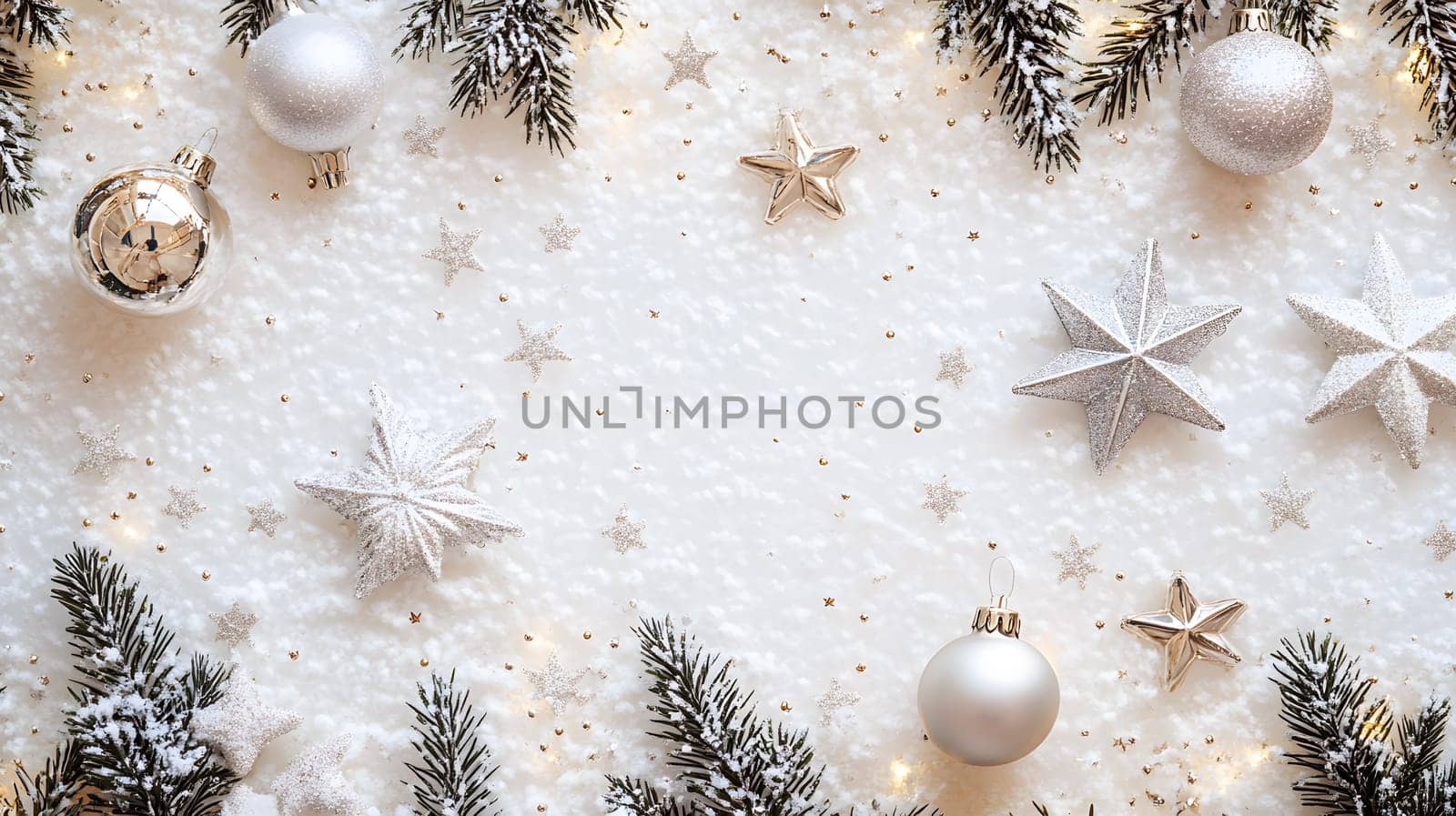 Festive flat lay with Christmas decorations and snow-like background.