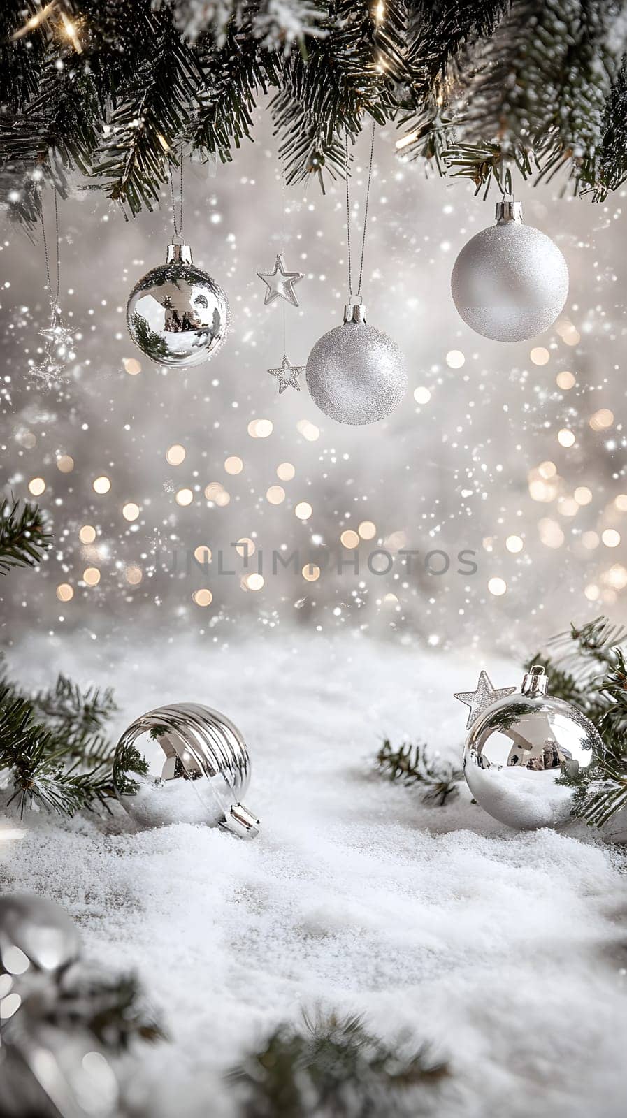 Festive scene with silver ornaments and soft snow backdrop.