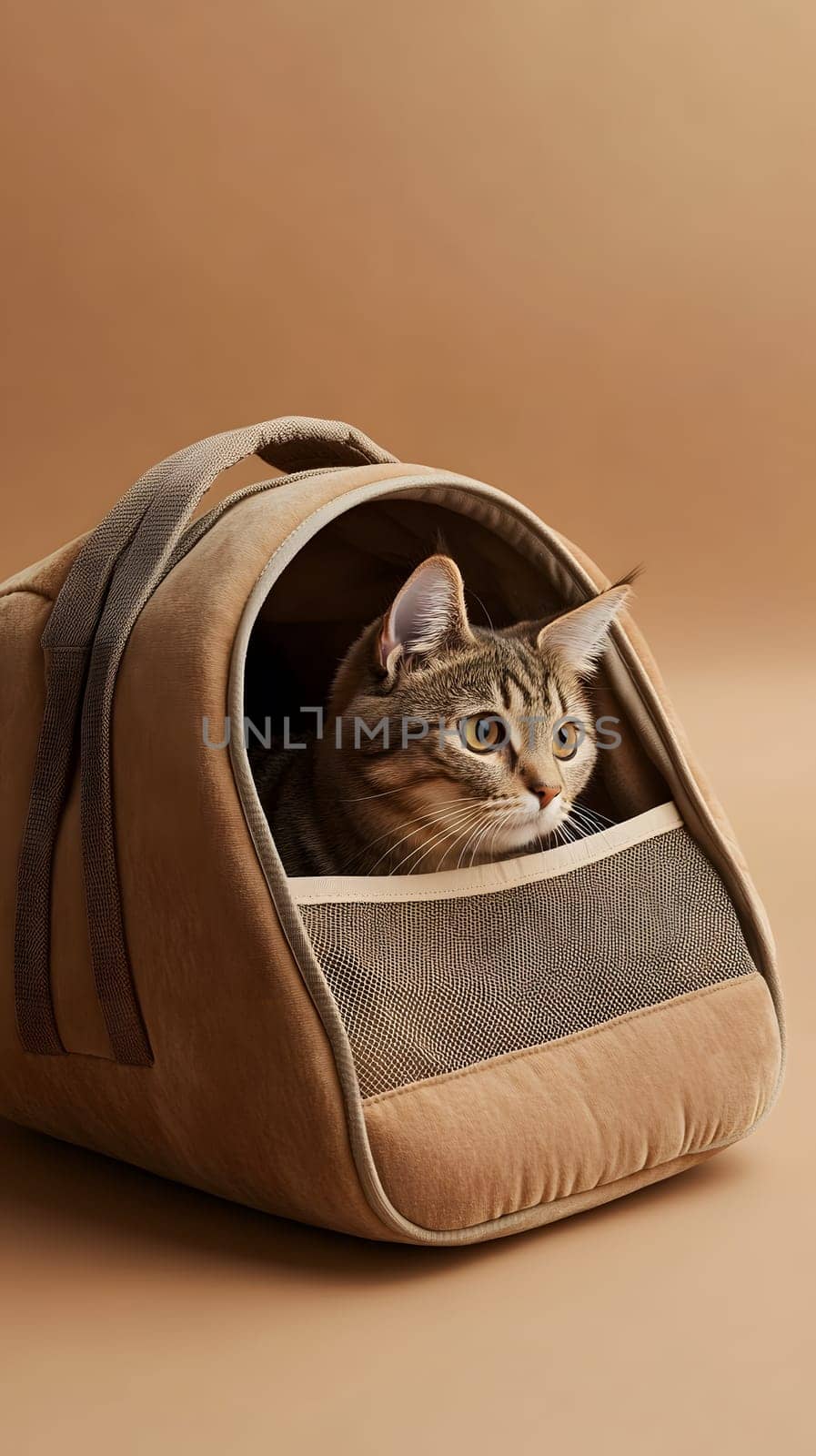 A cat peeking out from a stylish pet carrier.