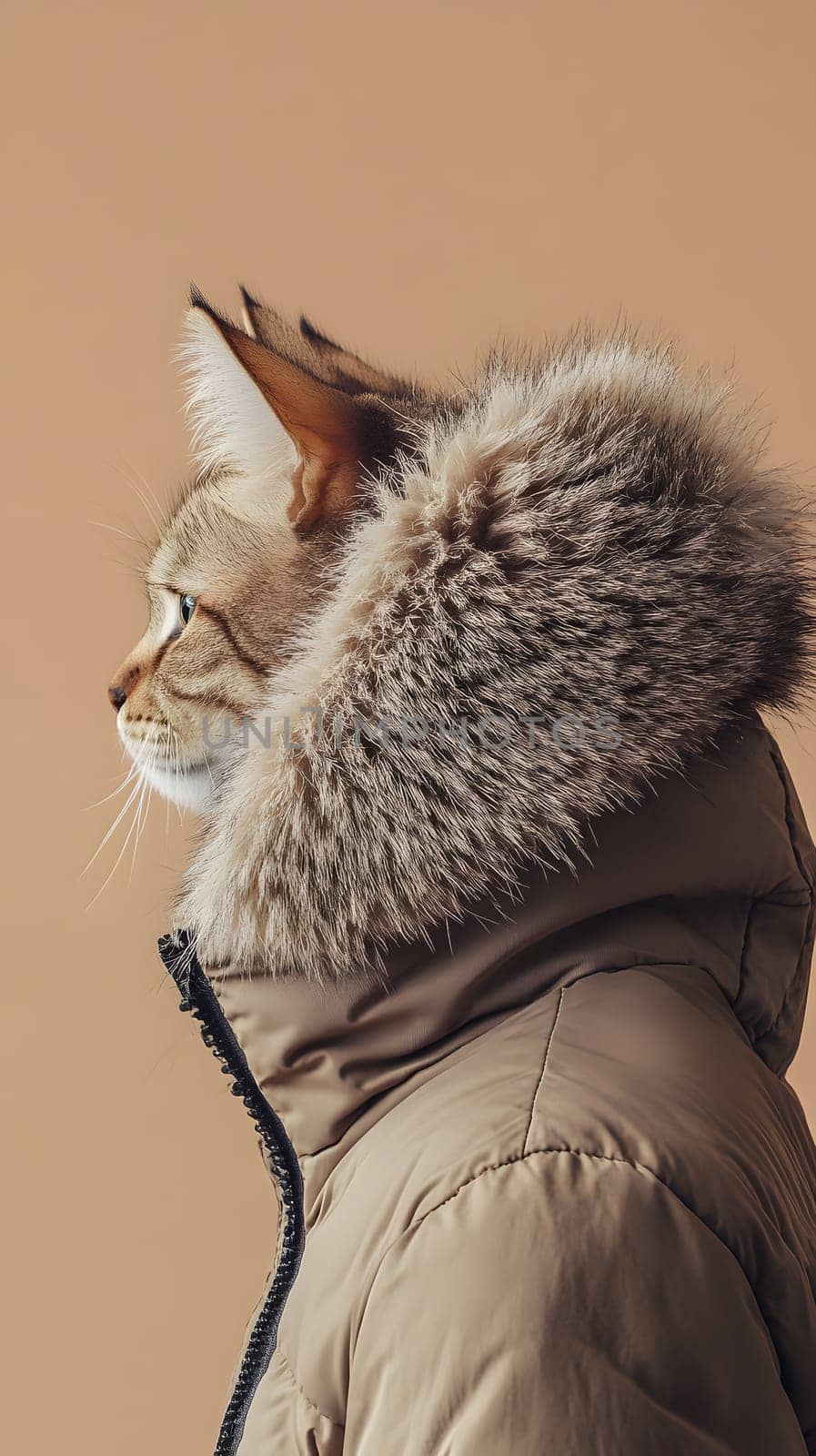 A cat wearing a stylish coat with a fur hood against a neutral background.