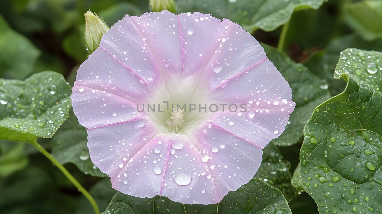 A close-up of a delicate pink flower with water droplets.