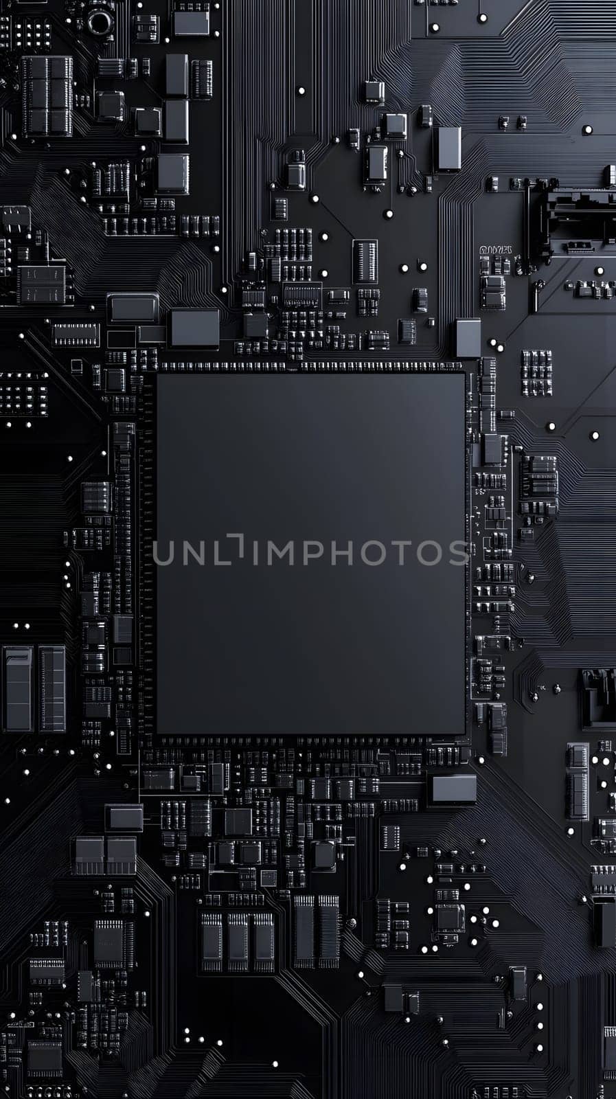A close-up view of a black circuit board with a central processor.