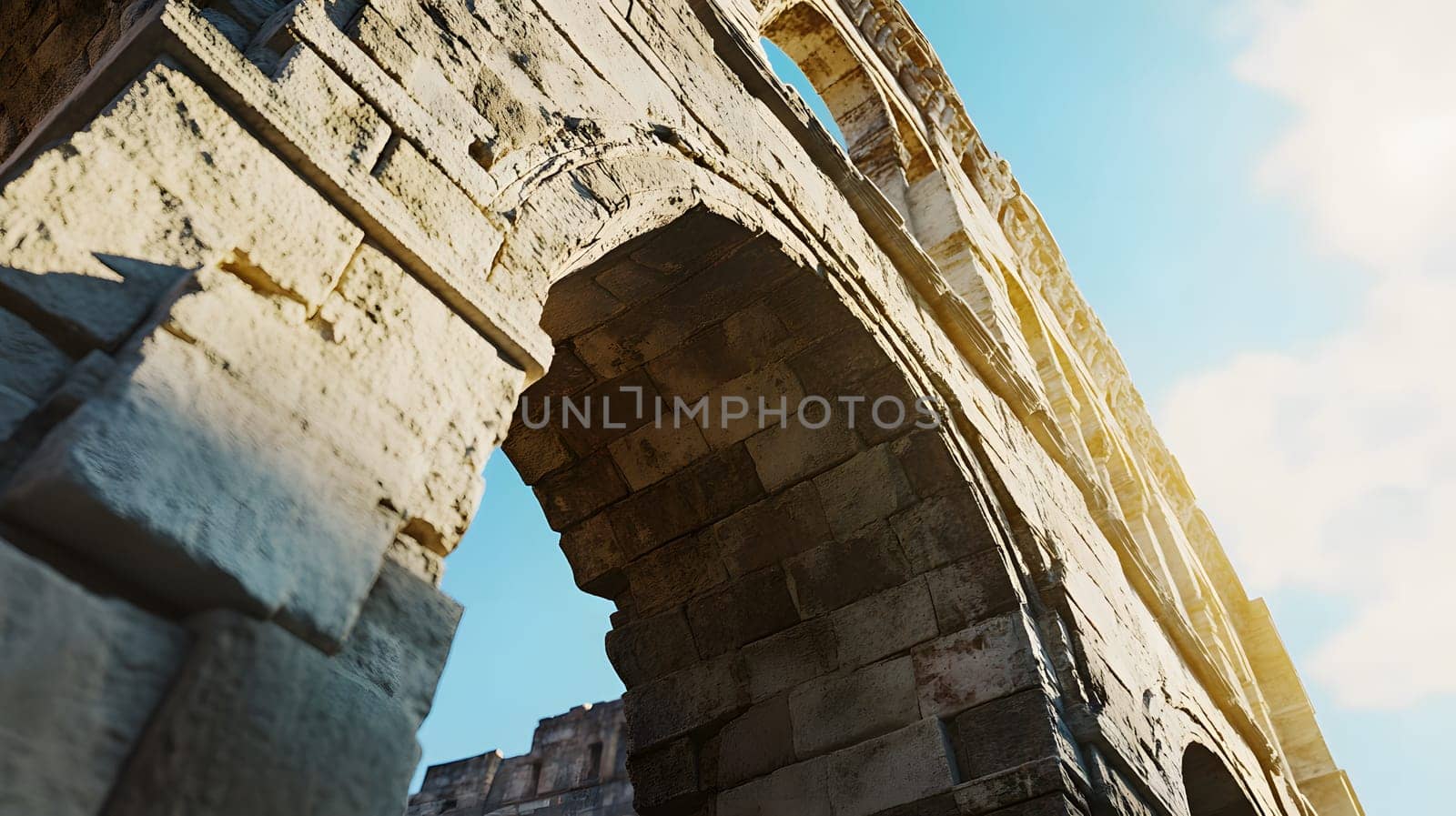 A close-up view of an ancient stone archway under a blue sky.