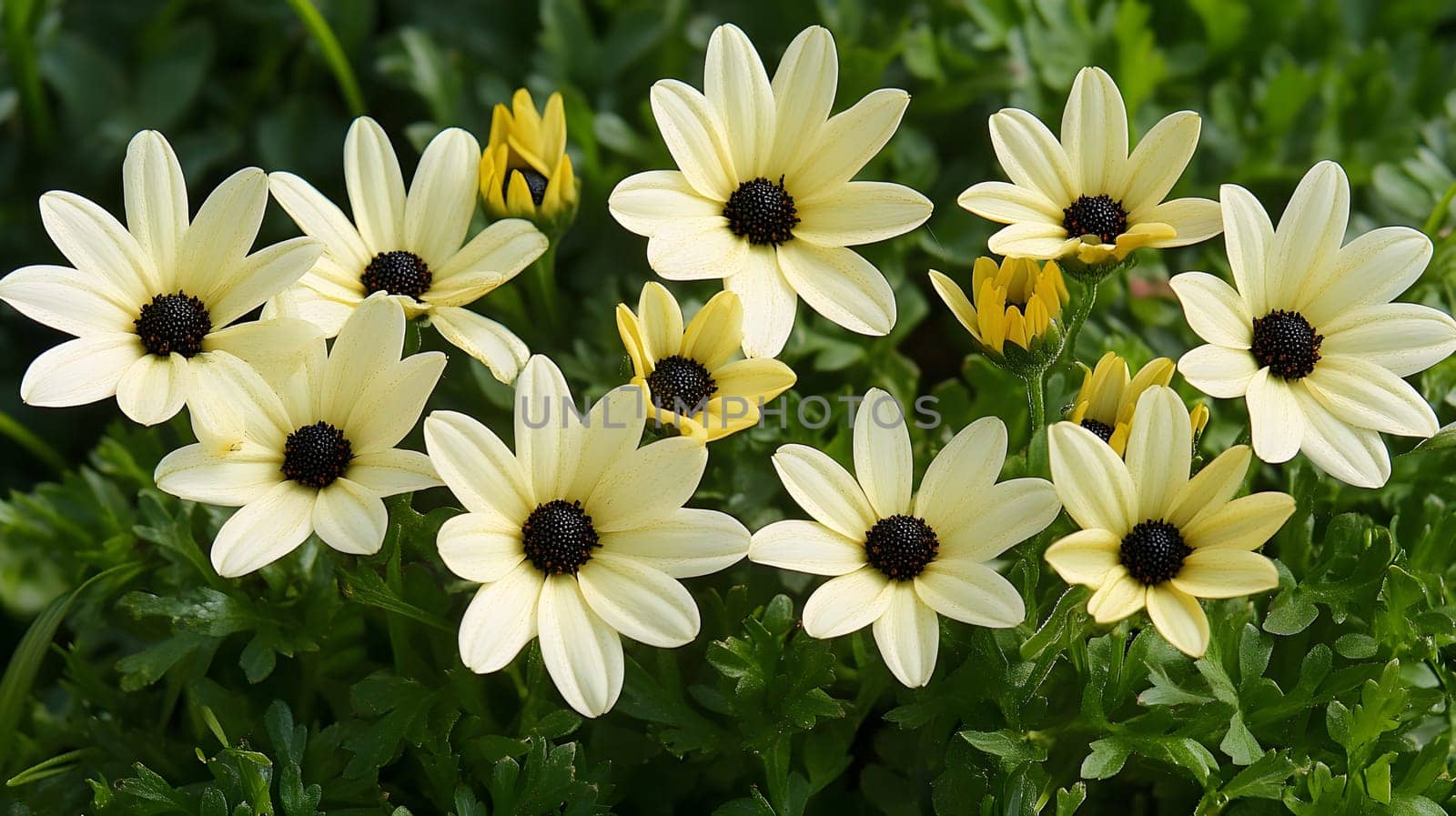 A cluster of pale yellow flowers with dark centers in green foliage.