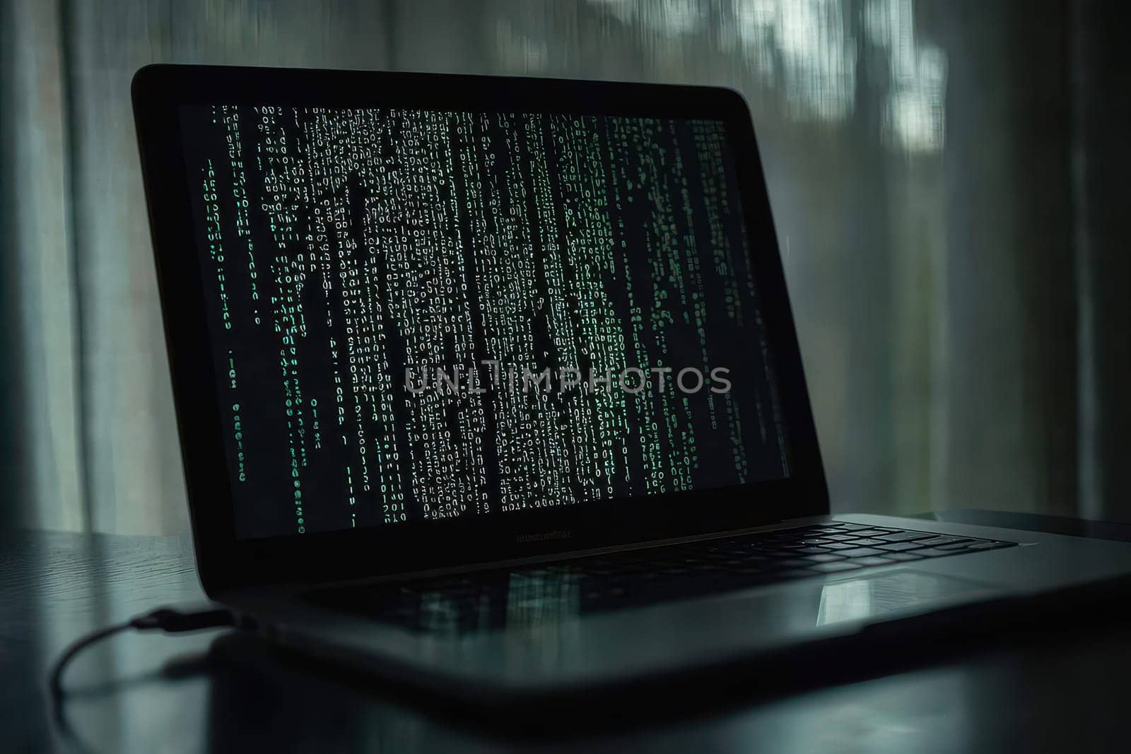 A dark room showcases a glowing laptop screen filled with flowing code lines, creating a high-tech, cyber atmosphere ideal for technology-themed projects.