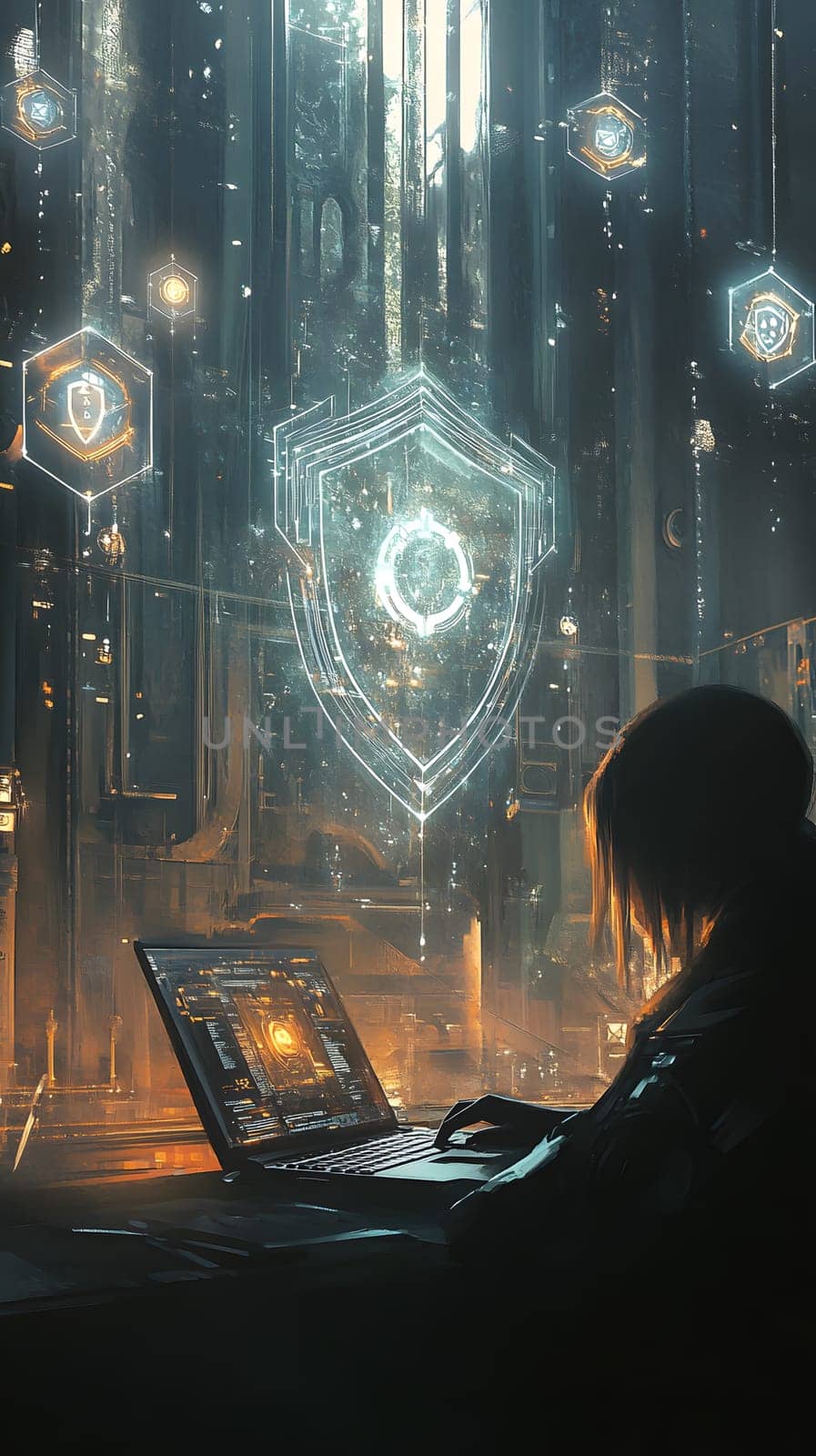 A figure working on a laptop in a futuristic, digital environment.