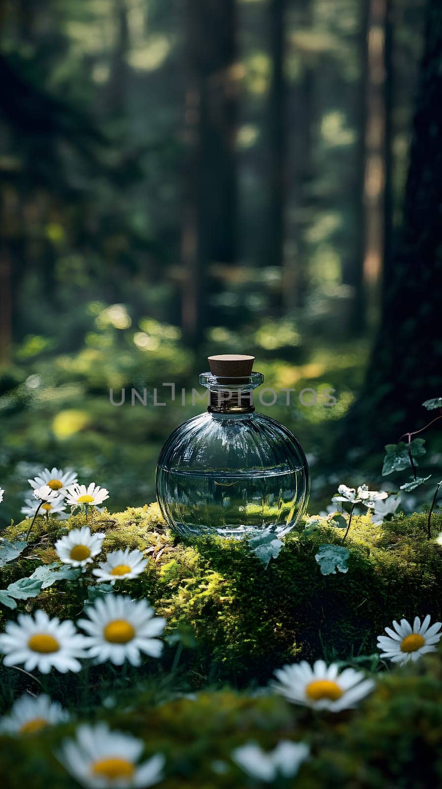 A glass bottle sits amidst daisies and moss in a serene forest.