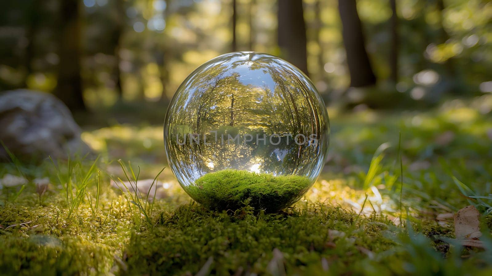 A glass orb resting on moss, reflecting a forest scene.