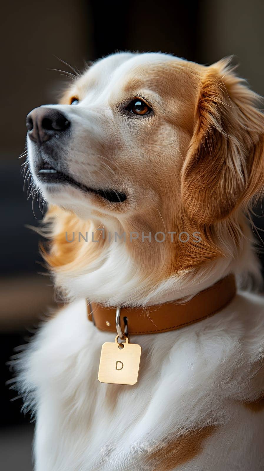 A golden retriever with a collar and tag, gazing thoughtfully.