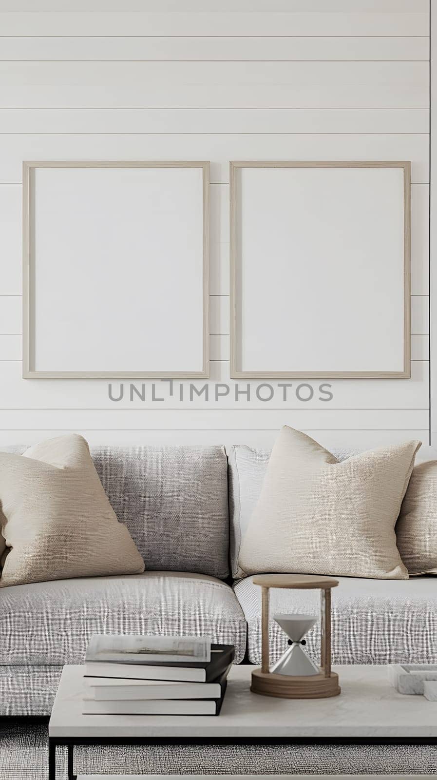 A minimalist living room with empty frames and neutral decor.