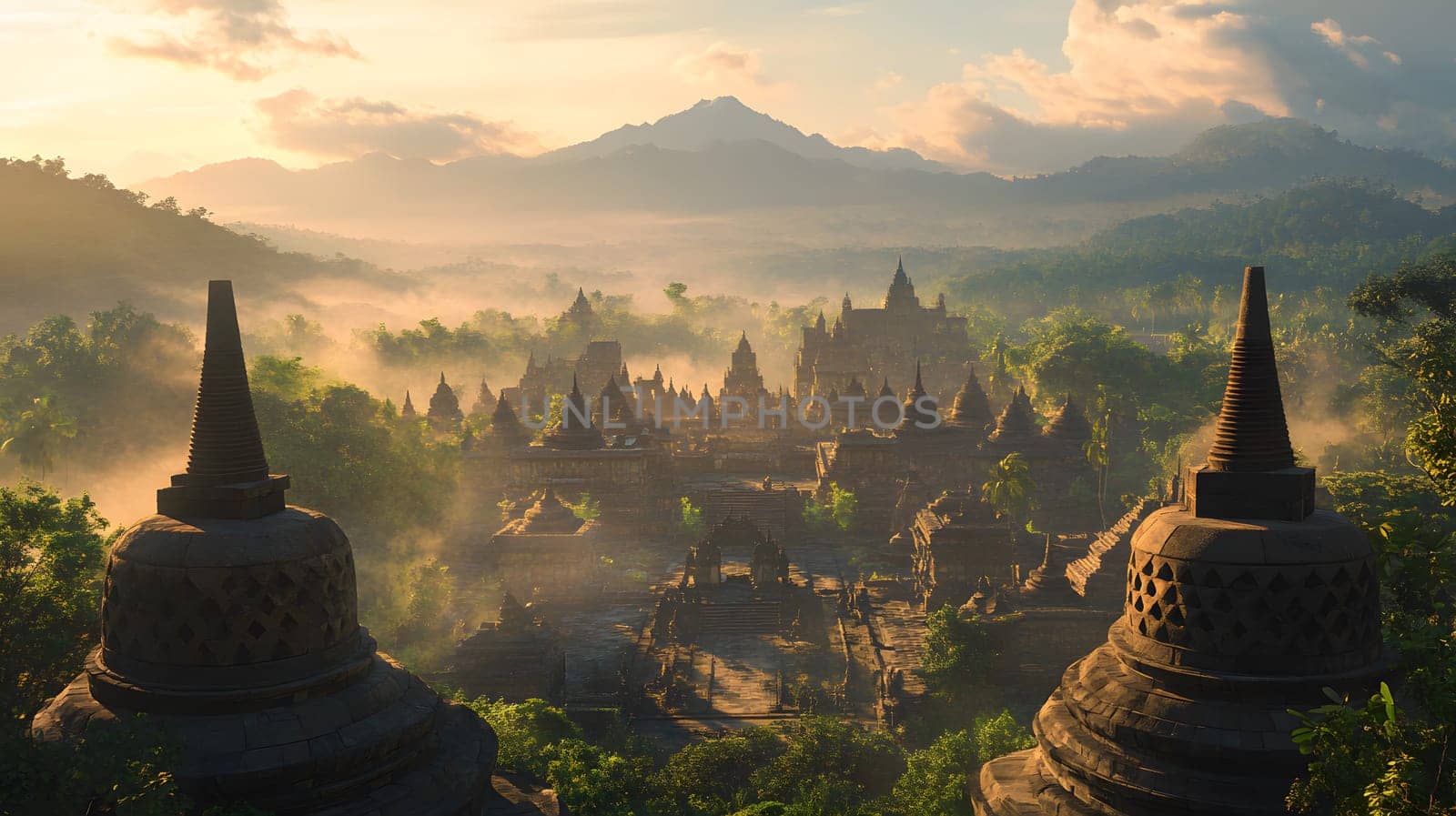 A misty view of ancient temples surrounded by lush greenery.