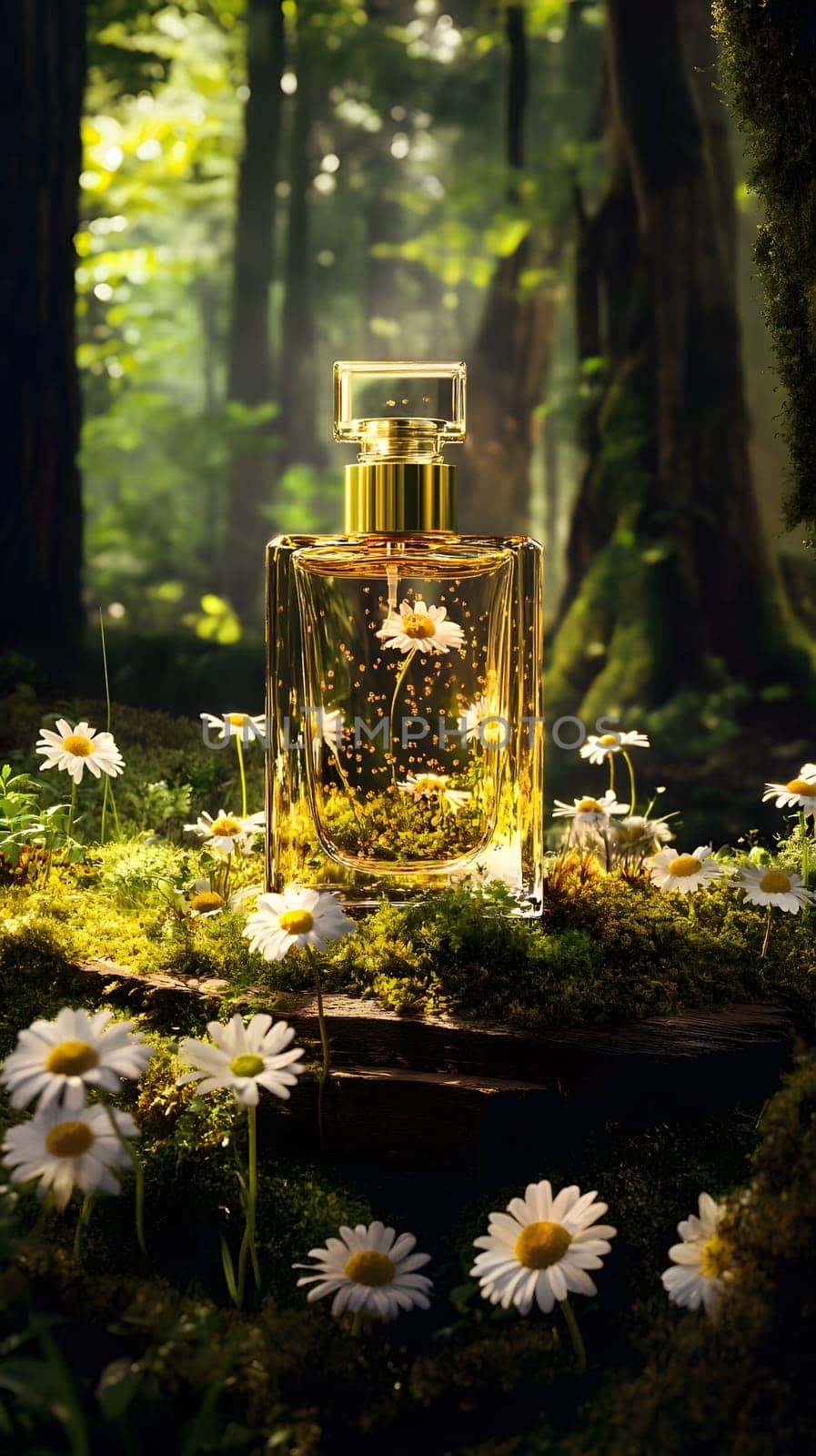 A perfume bottle surrounded by daisies in a serene forest setting.