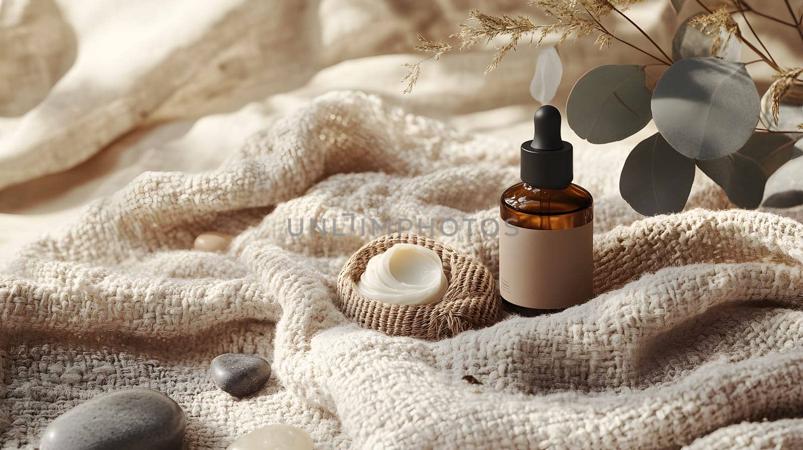 A serene arrangement featuring a dropper bottle and natural elements.