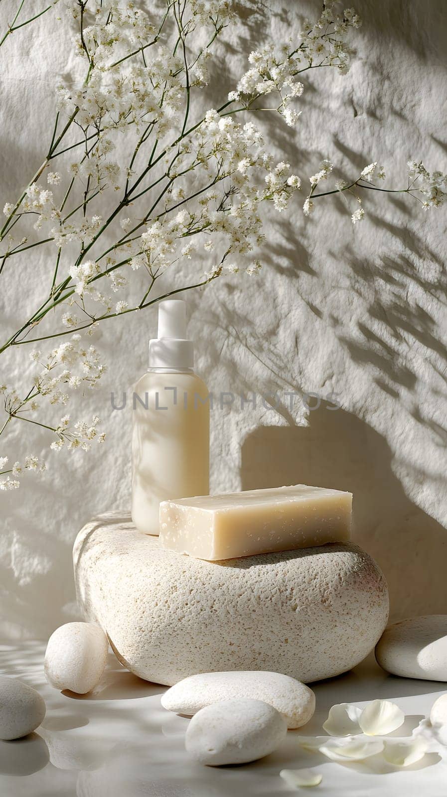 A serene arrangement of natural skincare products and stones.