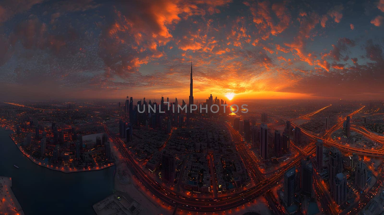 A stunning sunset over a city skyline with skyscrapers and waterways.