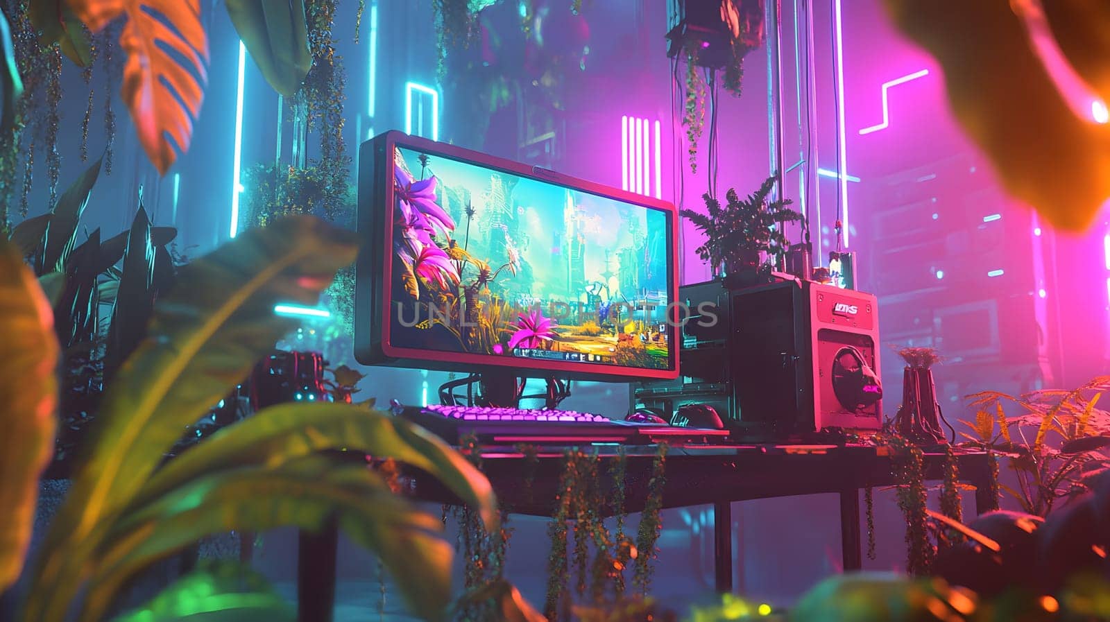 A vibrant gaming setup surrounded by lush, neon-lit foliage.