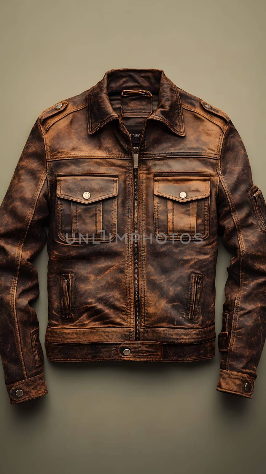 A brown leather jacket with a classic design and multiple pockets.