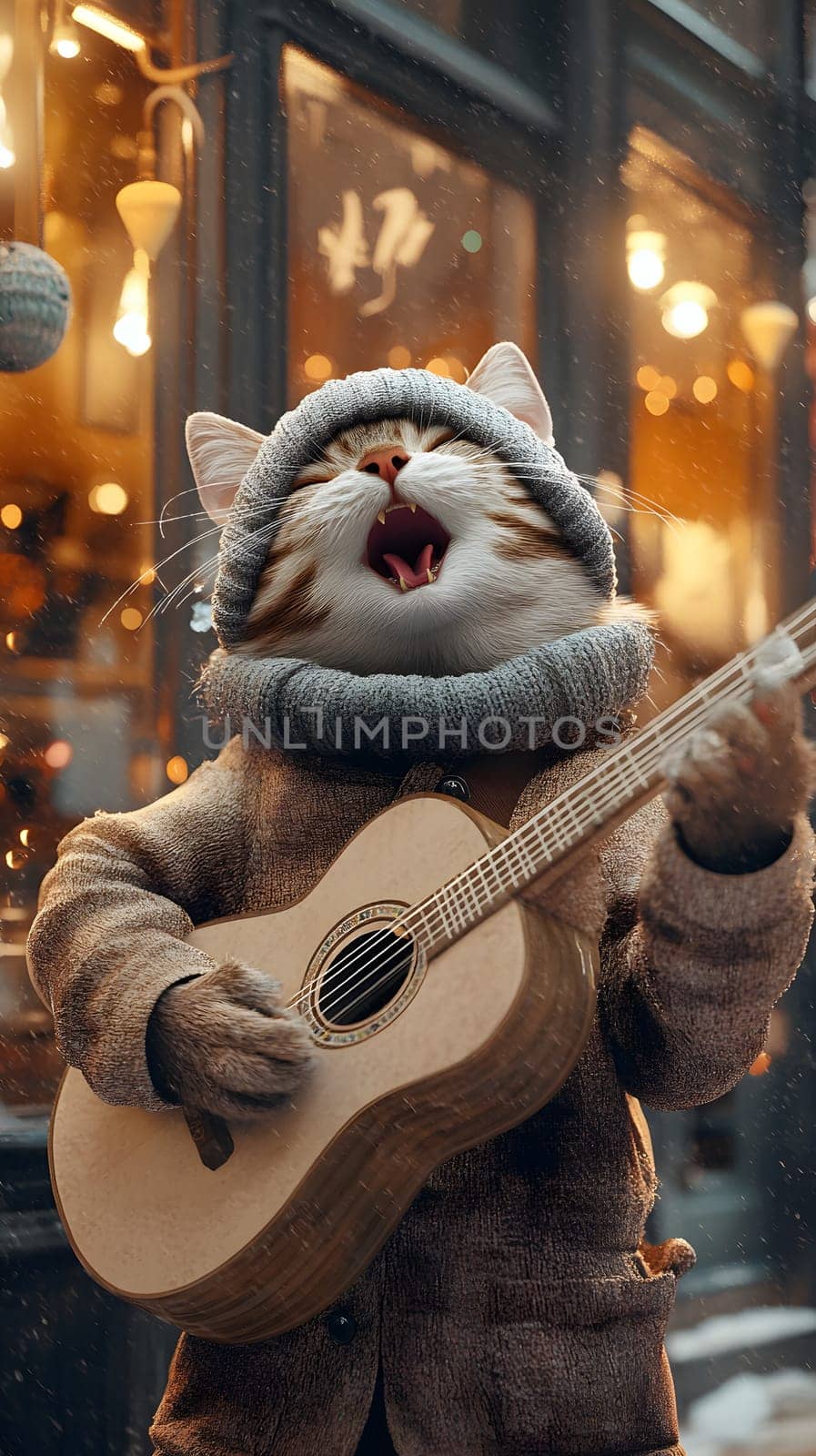 A cat in a cozy outfit plays guitar in a festive setting.