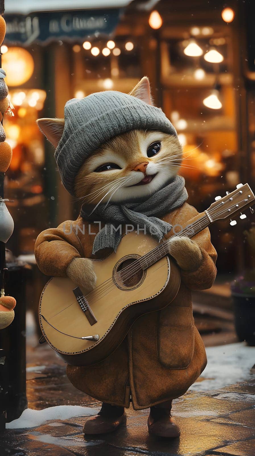 A charming cat playing guitar in a cozy street setting.