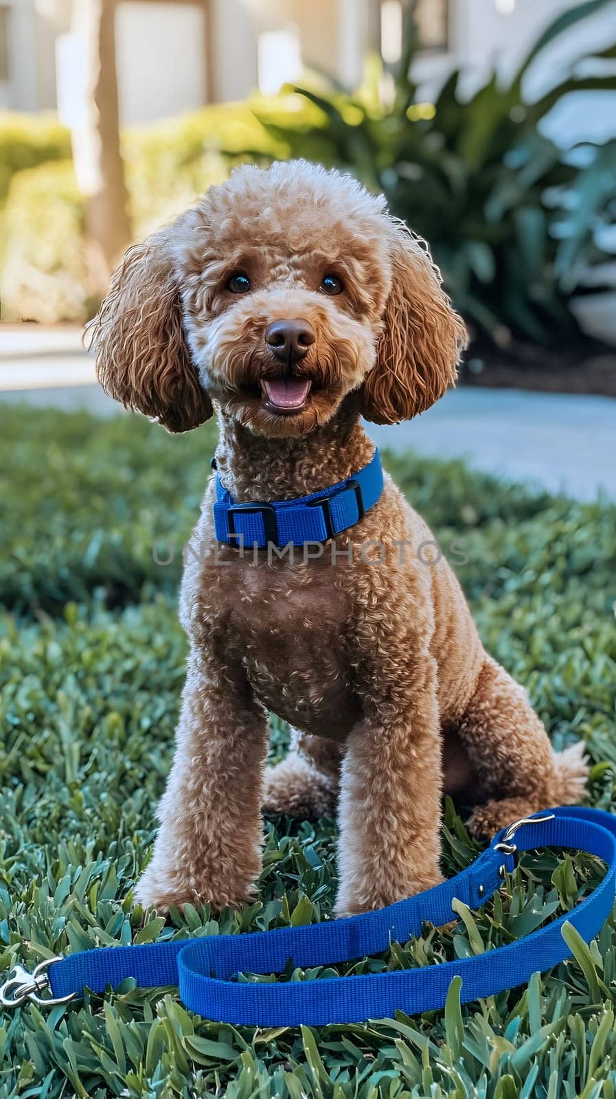 A cheerful brown poodle sits on grass with a blue collar and leash.