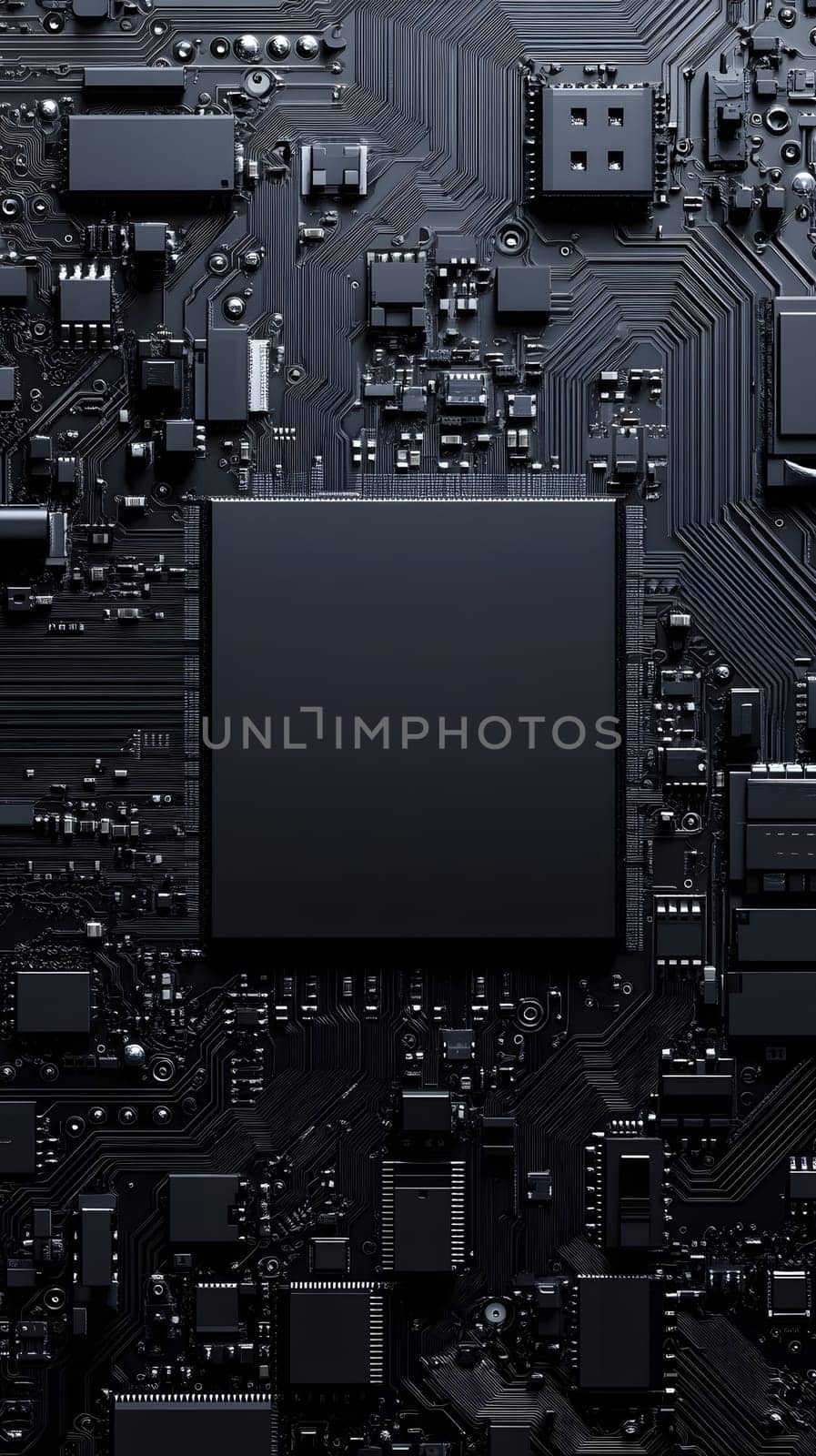 A close-up of a black circuit board with various electronic components.