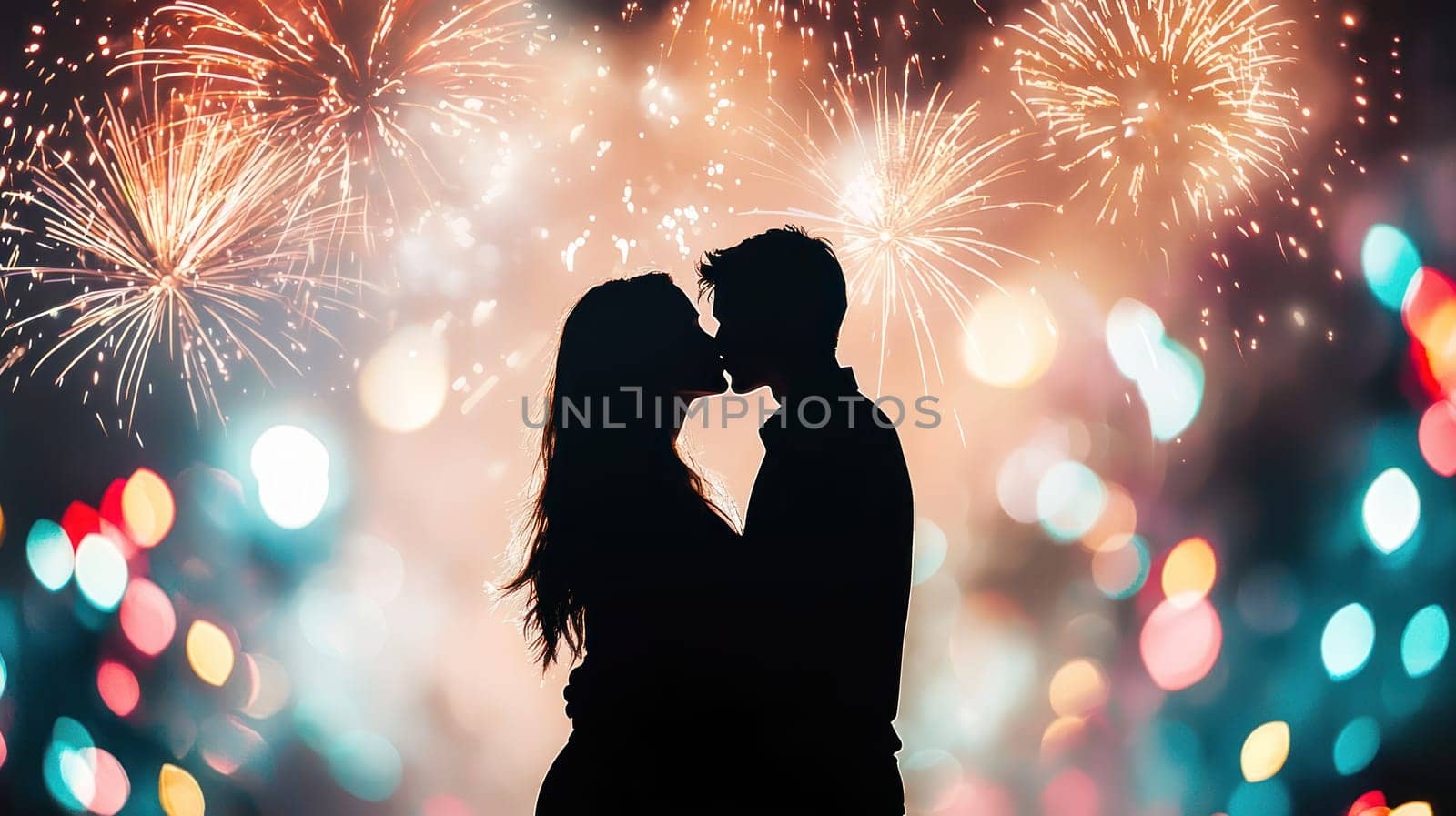 A couple kissing at midnight with vibrant fireworks in background, creating romantic atmosphere