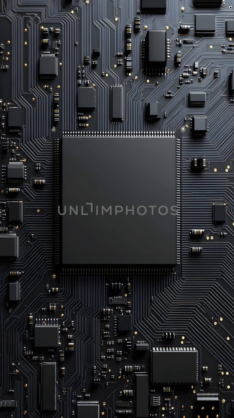 A close-up of a circuit board featuring a central microchip.