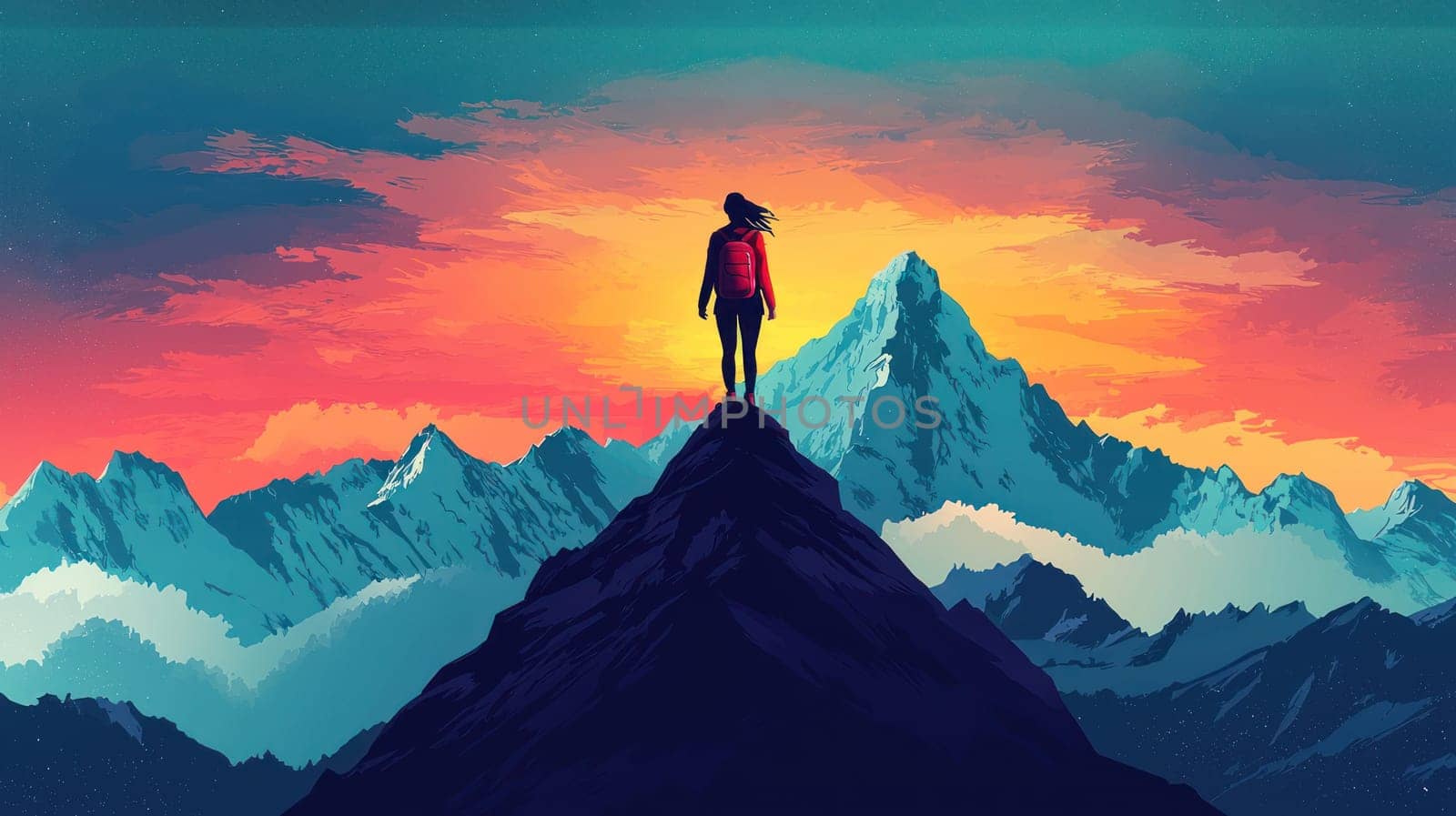 A determined woman stands atop mountain peak, embracing vibrant sunset. breathtaking view showcases majestic mountains and colorful skies