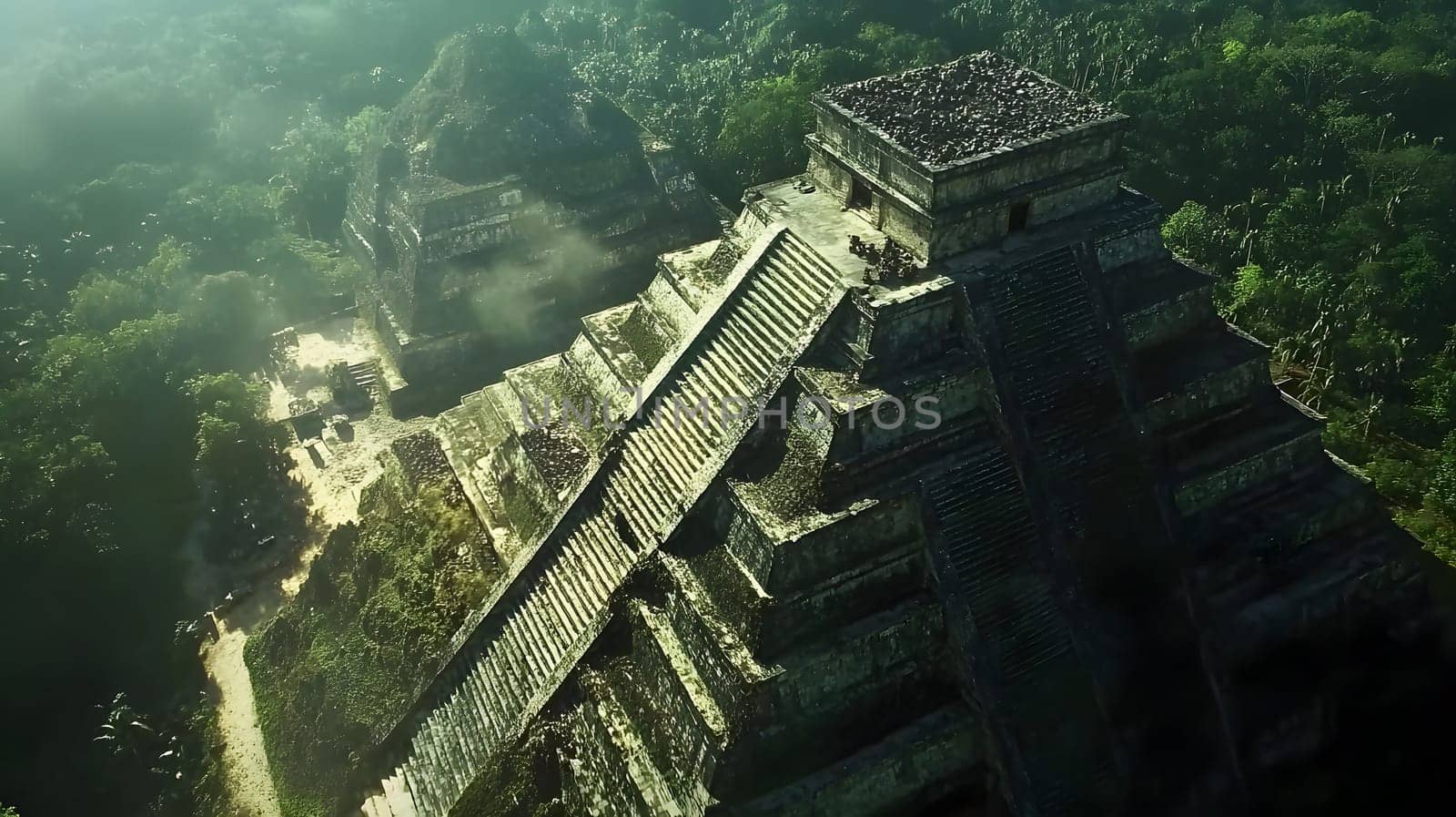 Aerial view of ancient pyramids surrounded by dense jungle.
