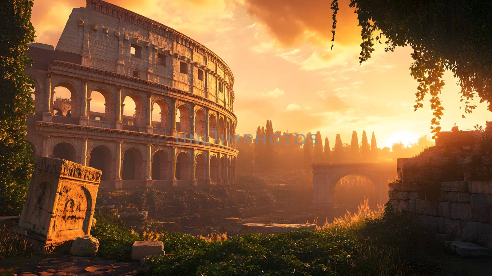 Sunset over the ancient Colosseum, showcasing historical architecture.