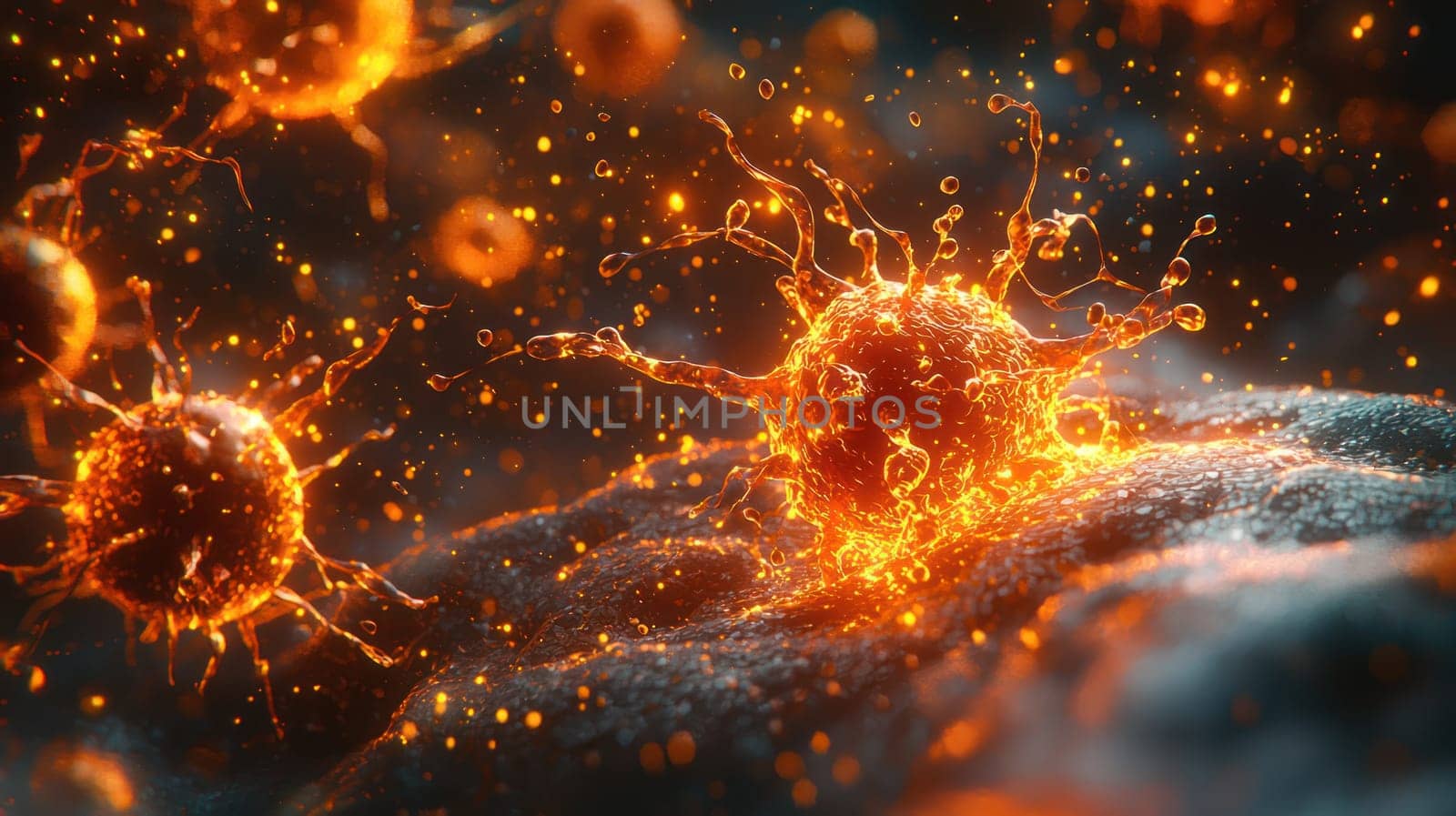 An Immune cells in vibrant orange colors interact dynamically, showcasing beauty of immunotherapy
