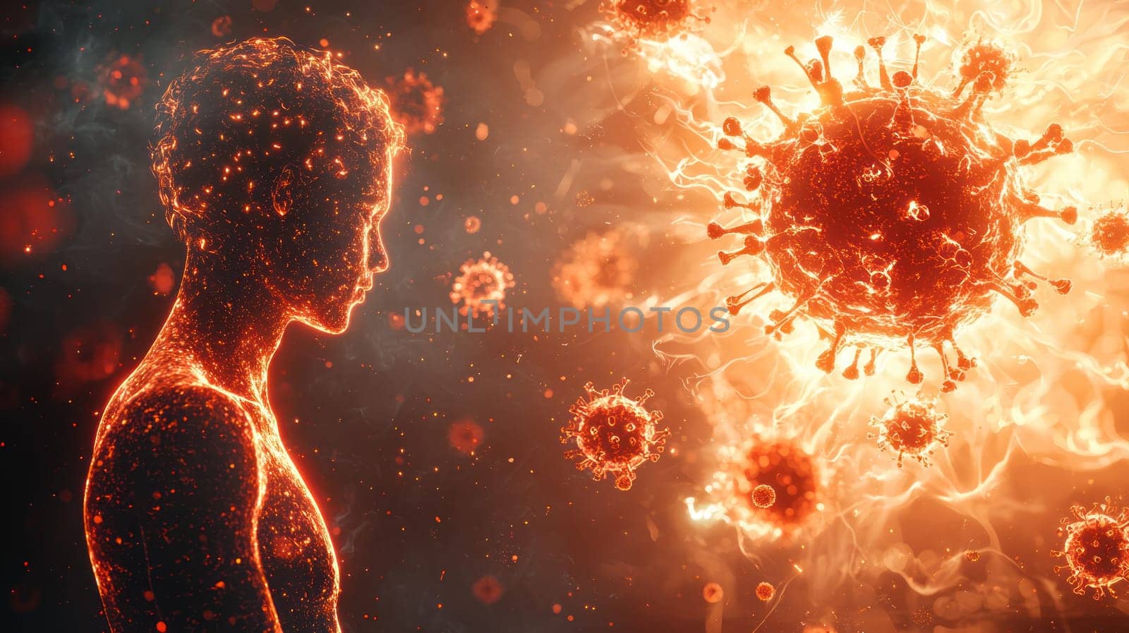 A conceptual visualization of immunotherapy, showcasing human silhouette surrounded by glowing virus particles, illustrating battle against disease