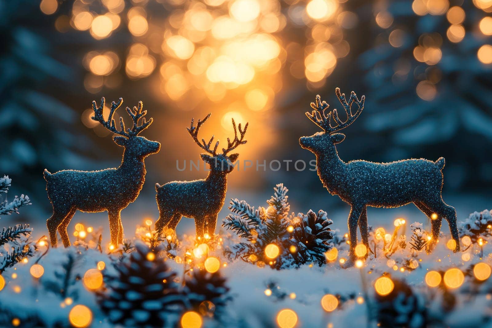 A serene winter scene featuring glittering reindeer amidst snow and pinecones, illuminated by warm bokeh lights