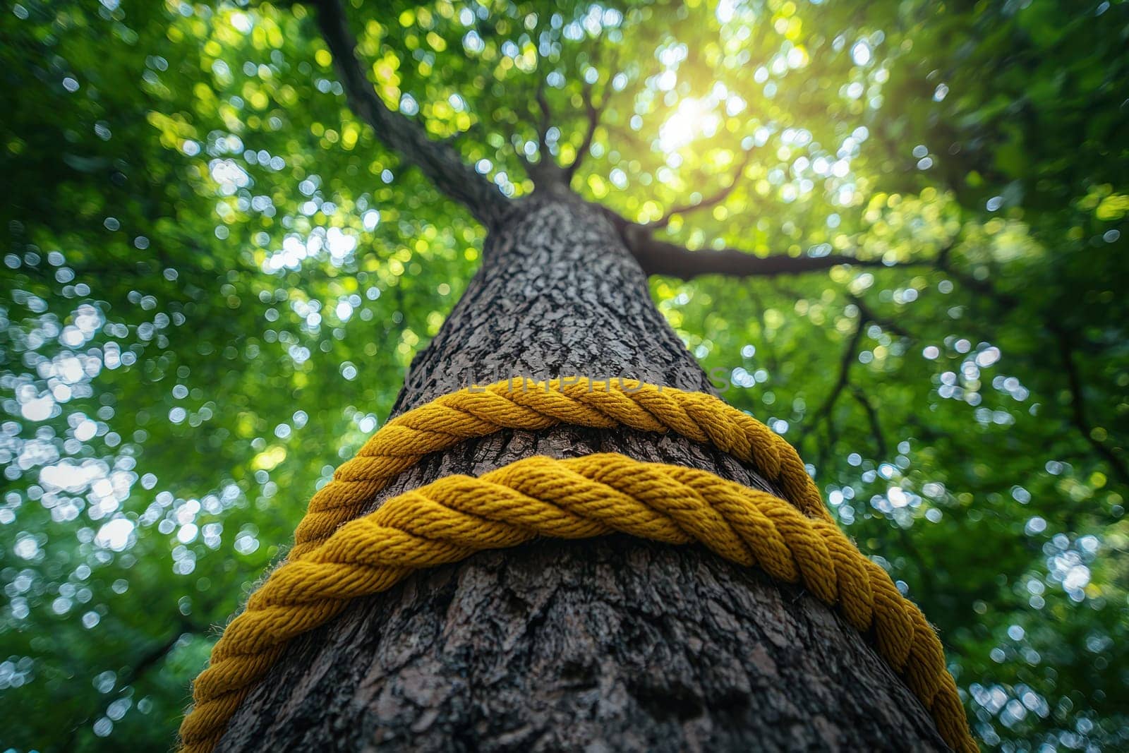 A tall tree with textured bark is wrapped in yellow rope, surrounded by lush green leaves, creating serene and vibrant atmosphere