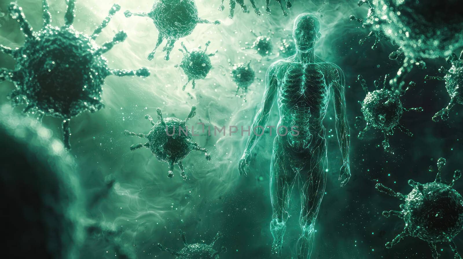 A futuristic depiction of immunotherapy showcasing human figure surrounded by glowing viruses, illustrating battle against disease