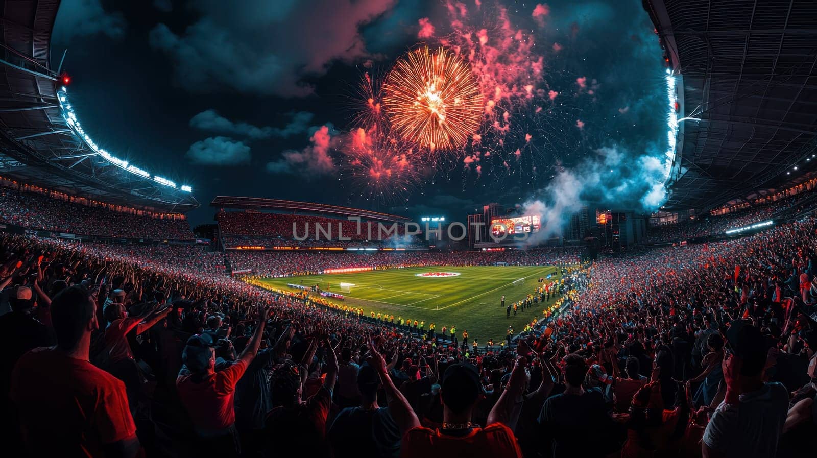 A vibrant stadium filled with cheering fans celebrates thrilling match, illuminated by colorful fireworks