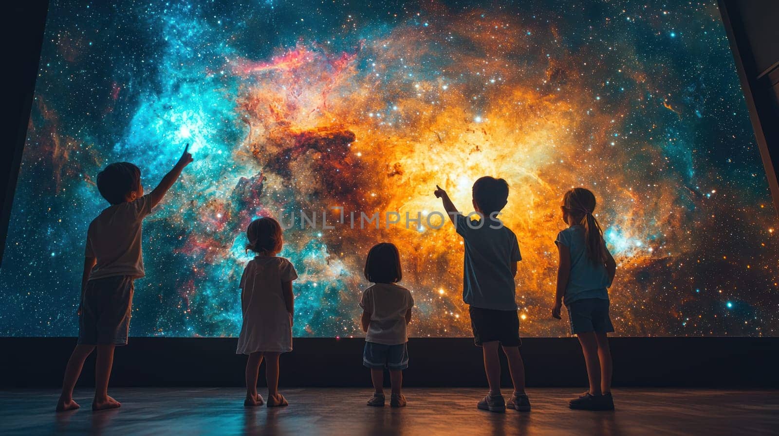 A Children marvel at cosmic display, pointing at vibrant galaxy