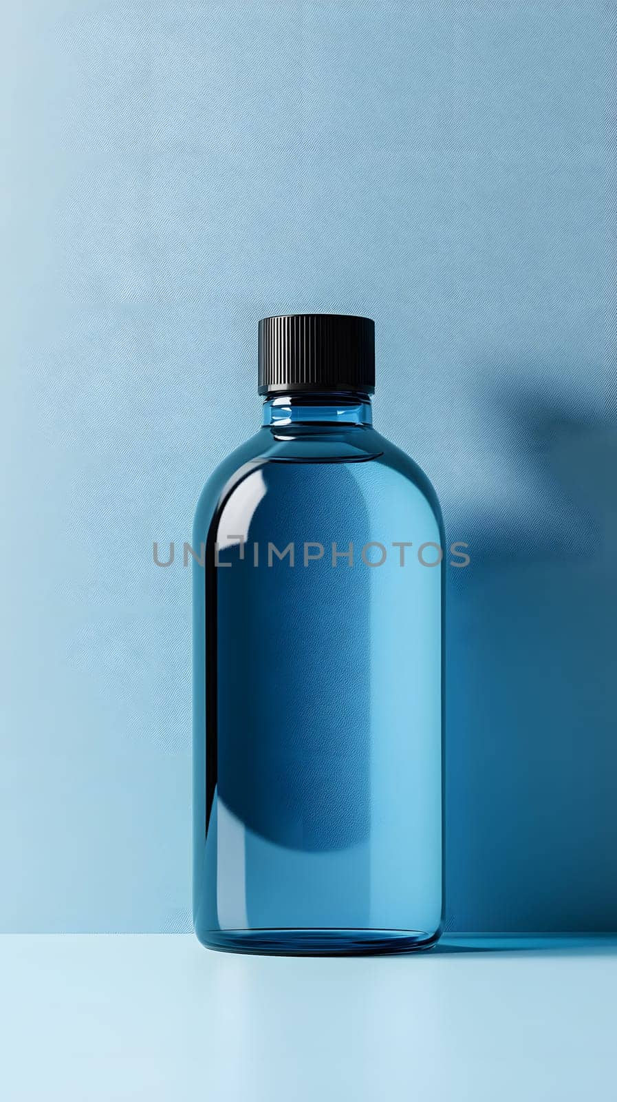 A blue bottle with a black cap against a light blue background.