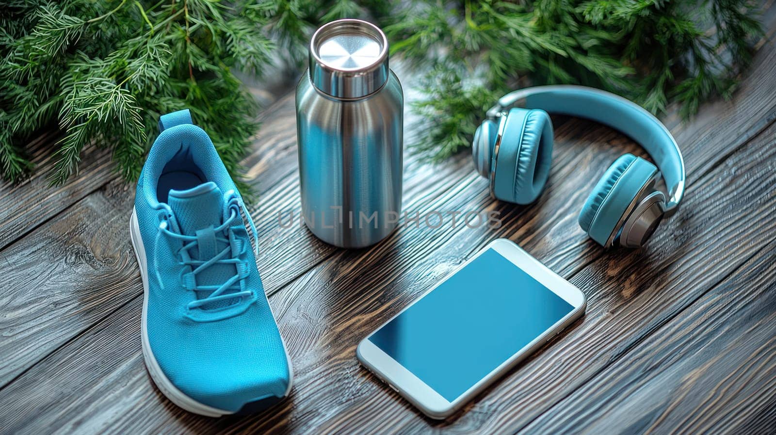 A minimalist flat lay featuring blue sneaker, water bottle, headphones, and smartphone, perfect for active lifestyle