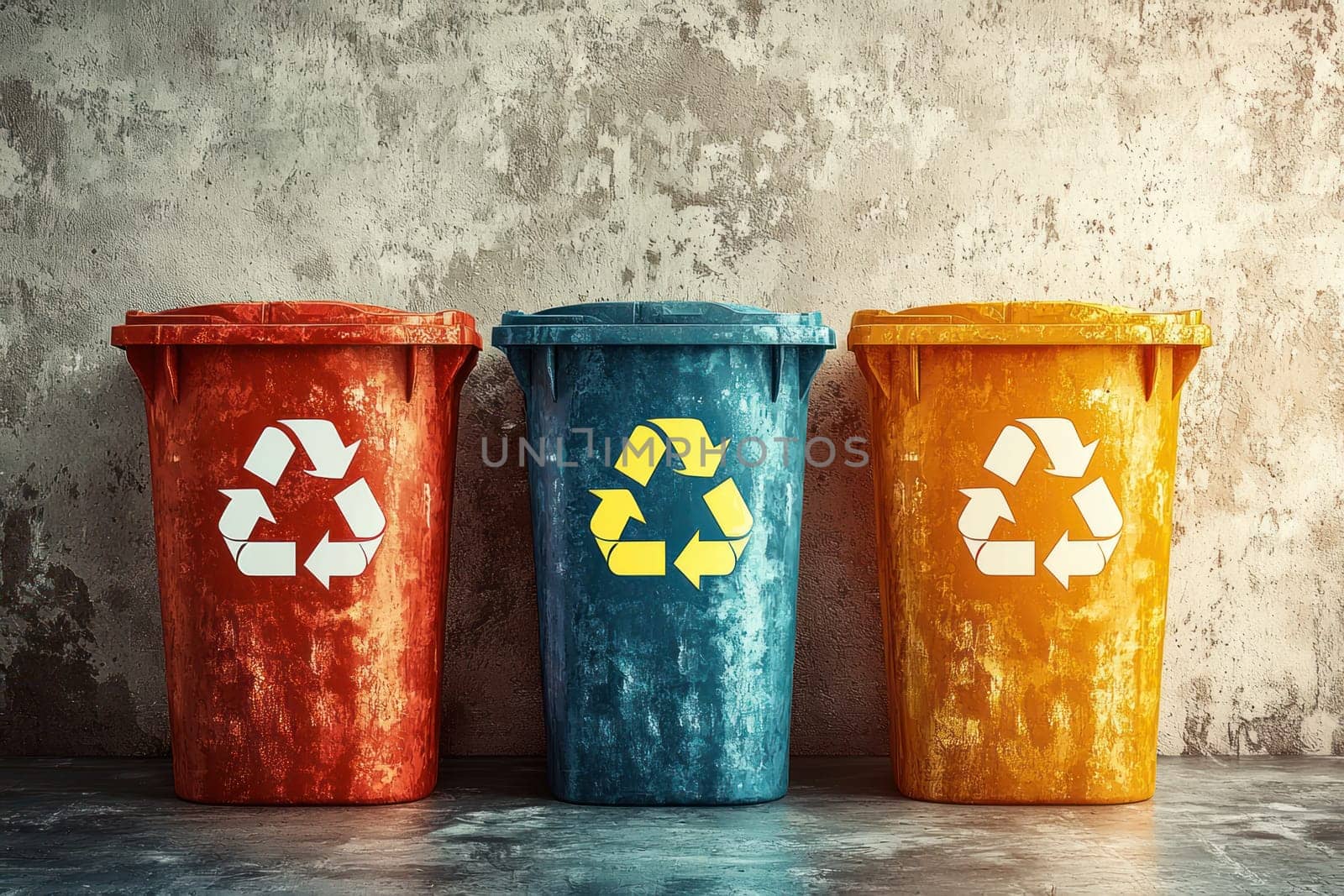 A Colorful trash bins for recycling against textured wall, promoting eco friendliness and sustainability