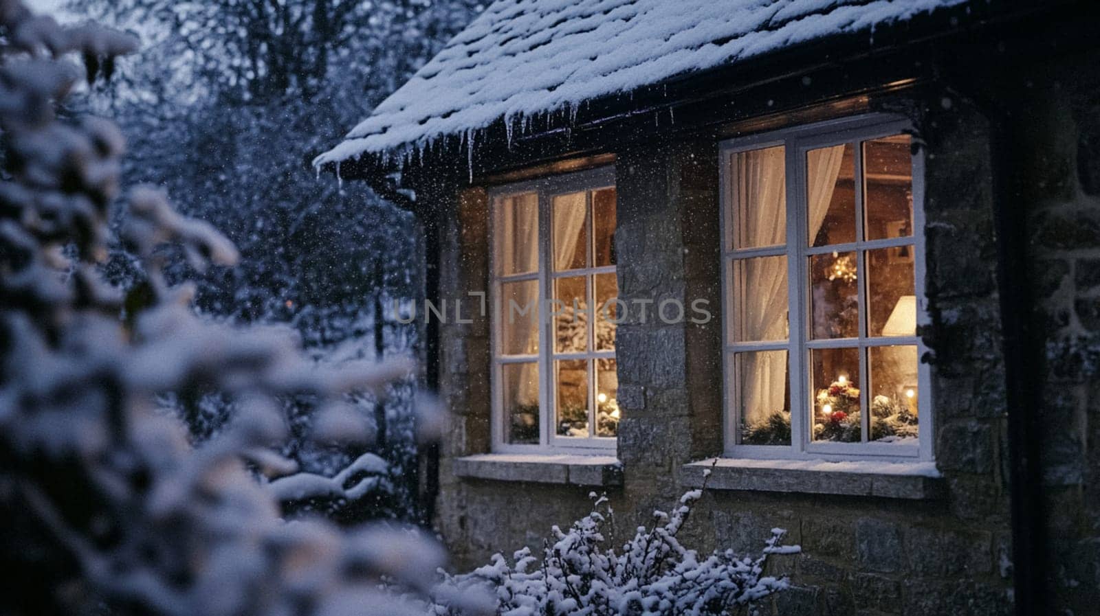 Christmas in the countryside, cottage decorated for holidays on a snowy winter evening with snow and holiday lights, English country styling inspiration