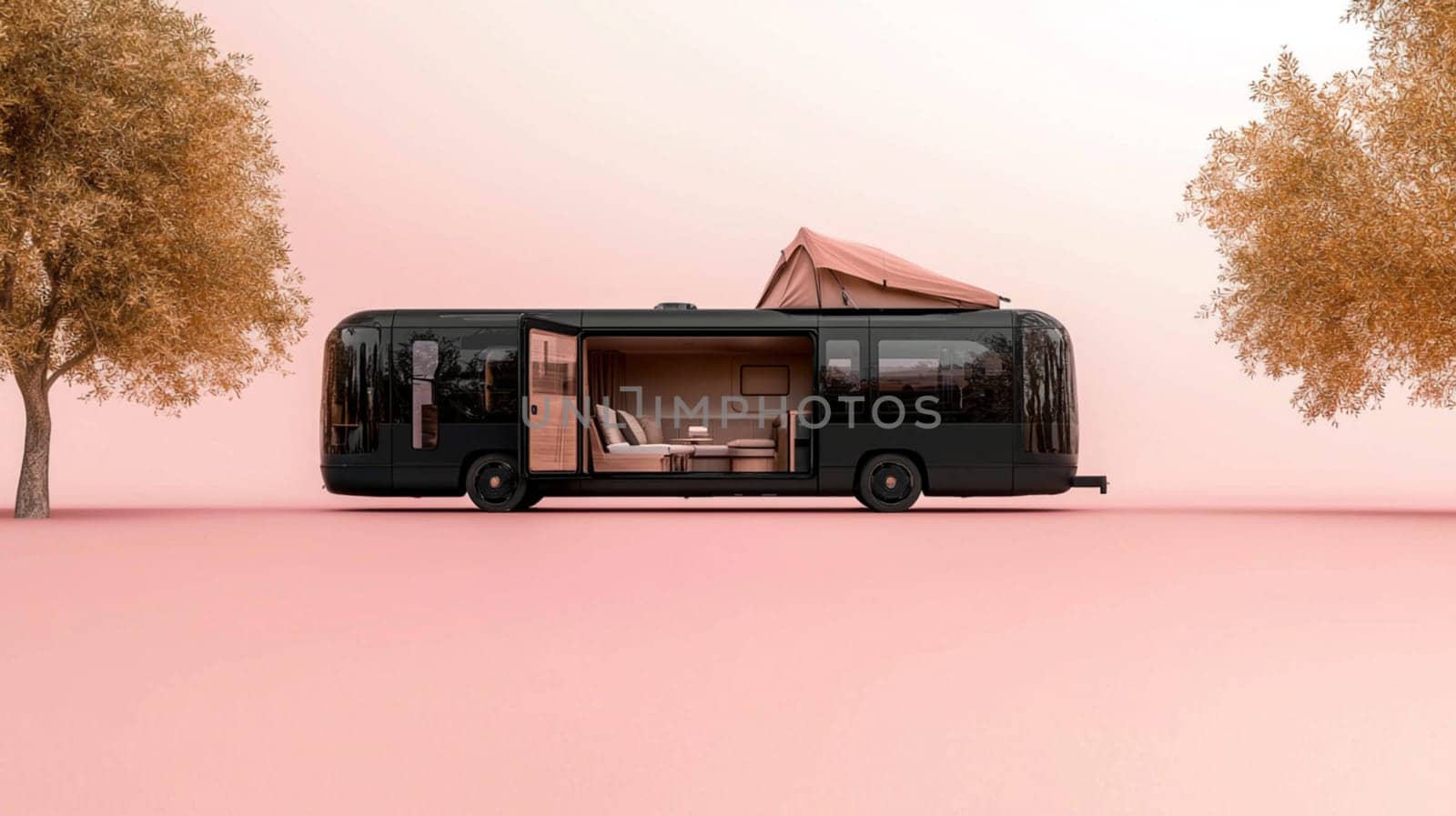 Sleek black camper van is parked in a field, its door open to reveal a cozy interior, inviting you to experience the freedom of the open road