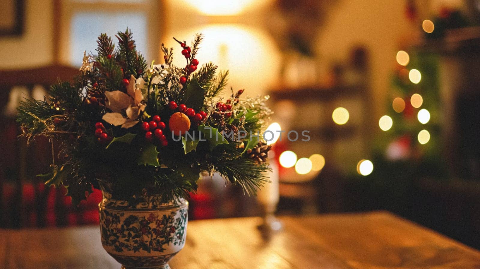 Christmas, holiday decor and country cottage style, cosy atmosphere, decorated Christmas tree in the English countryside house living room with fireplace, interior decoration idea
