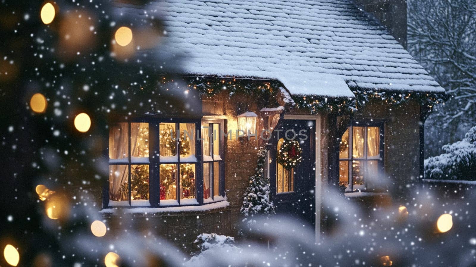 Christmas in the countryside, cottage decorated for holidays on a snowy winter evening with snow and holiday lights, English country styling inspiration
