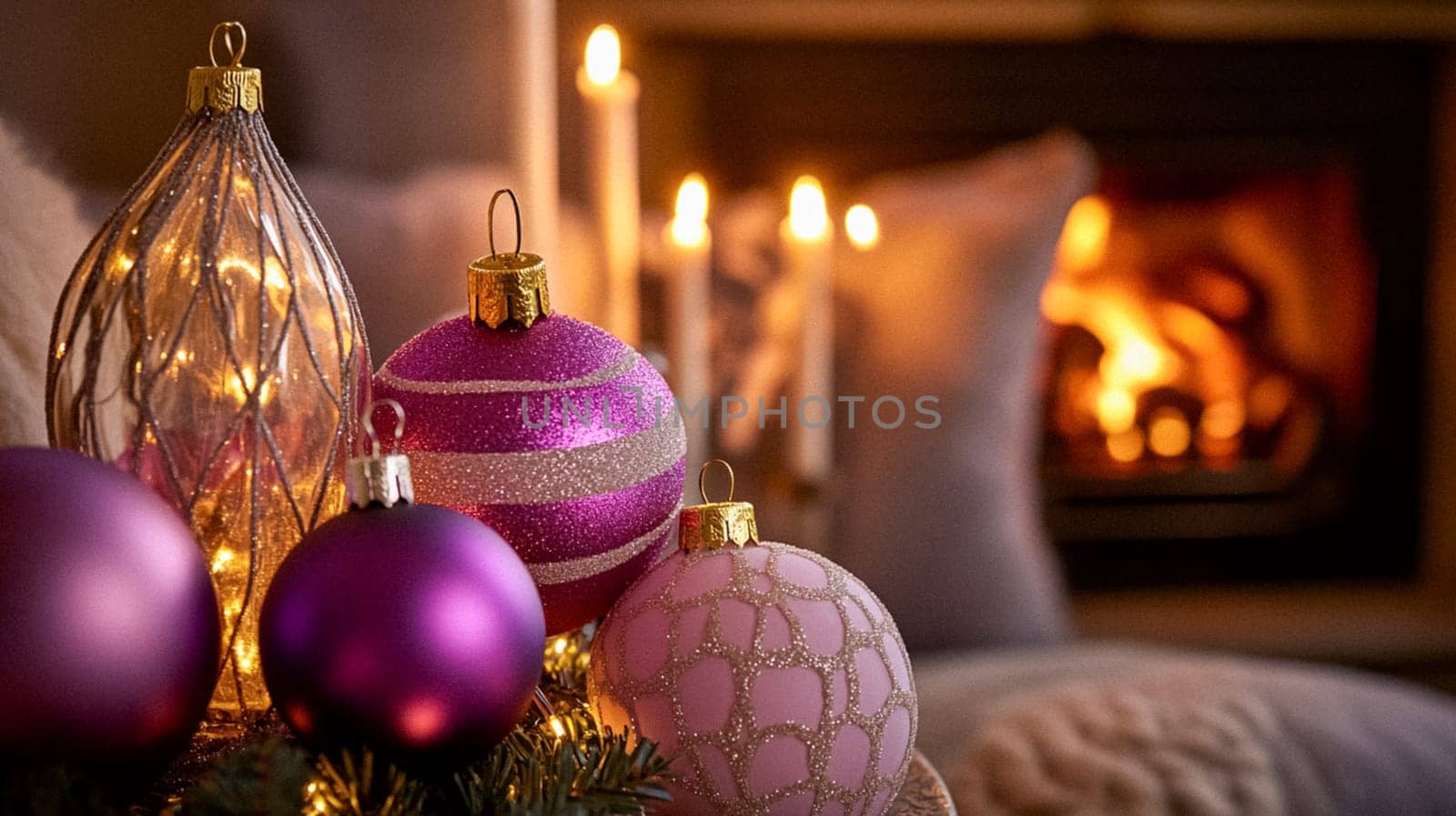 Christmas, holiday decor and country cottage style, cosy atmosphere, decorated Christmas tree in the English countryside house living room with fireplace, interior decoration idea