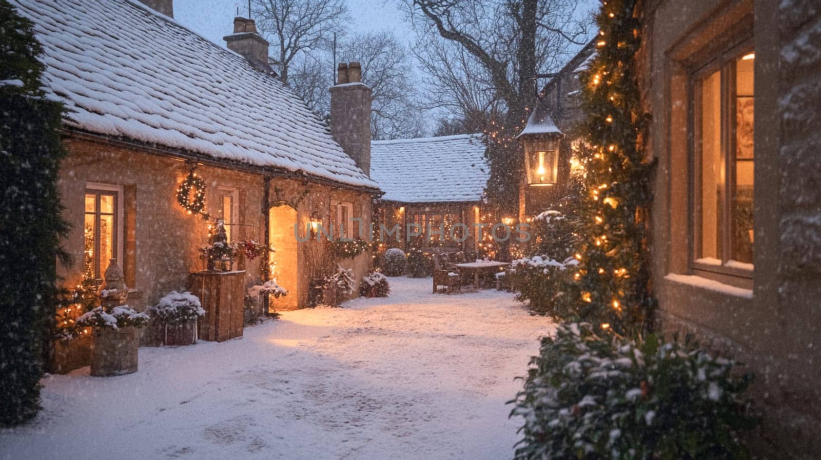 Christmas in the countryside, cottage decorated for holidays on a snowy winter evening with snow and holiday lights, English country styling inspiration