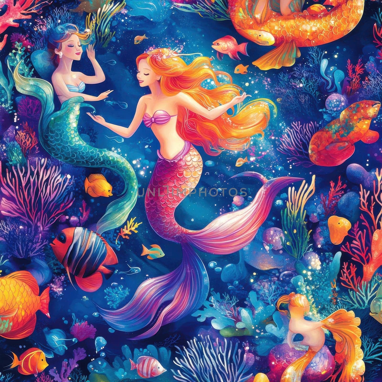 Dive into a vibrant underwater world where mermaids play amidst colorful coral and lively sea creatures.